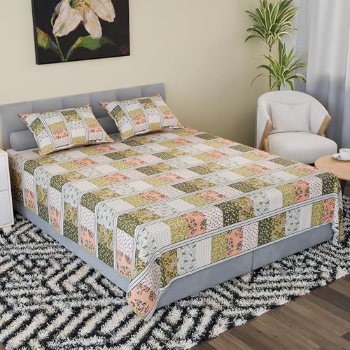 Image of Kuber Industries Cotton 144 TC Double Bedsheet With 2 Pillow Covers | Machine Washable Soft Bedsheet For Living Room, Home & Hotels | Barik Flower Print - Green
