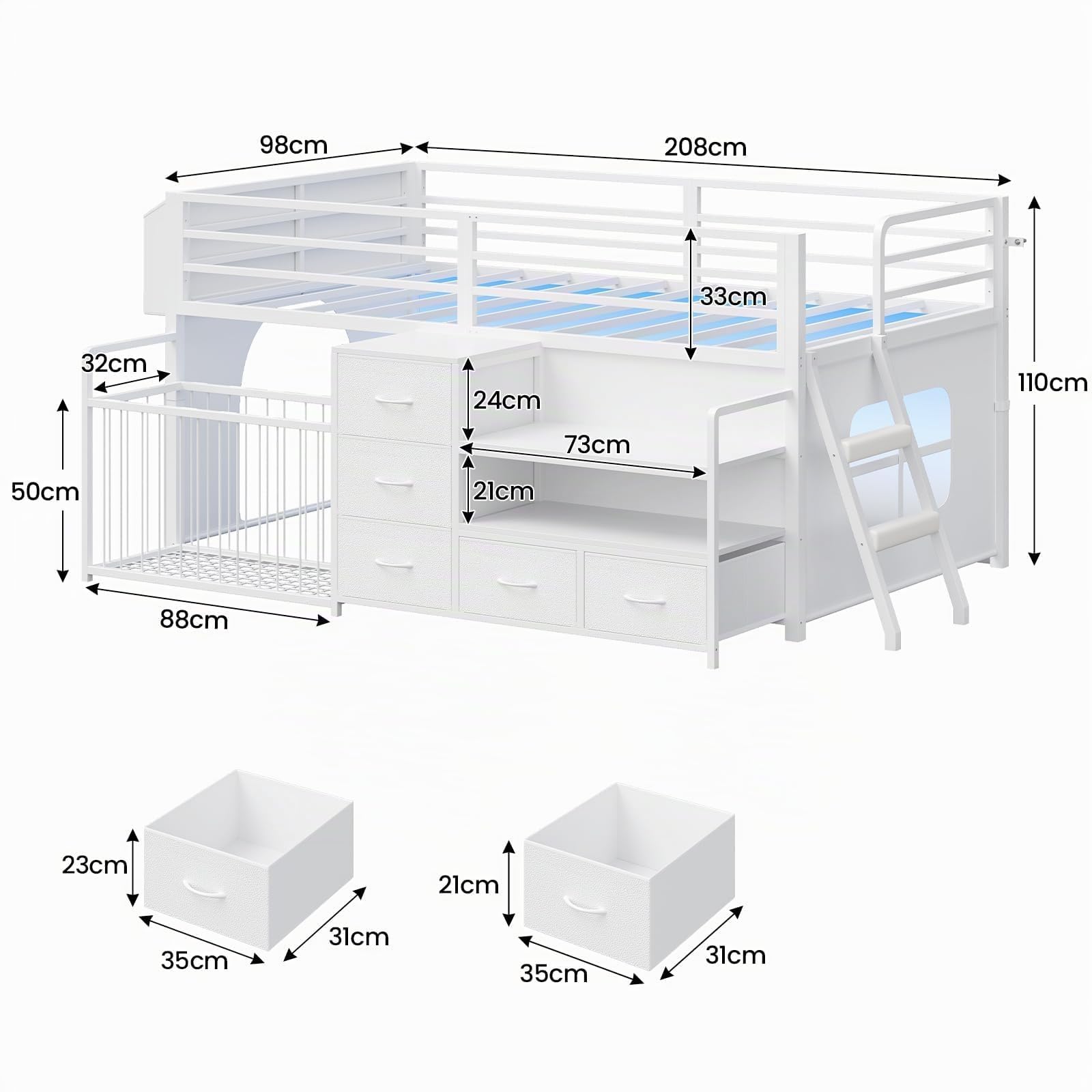 KIMENICH Hochbett 90x200, Bett mit 5 Schubladen, Kuscheltier Aufbewahrung