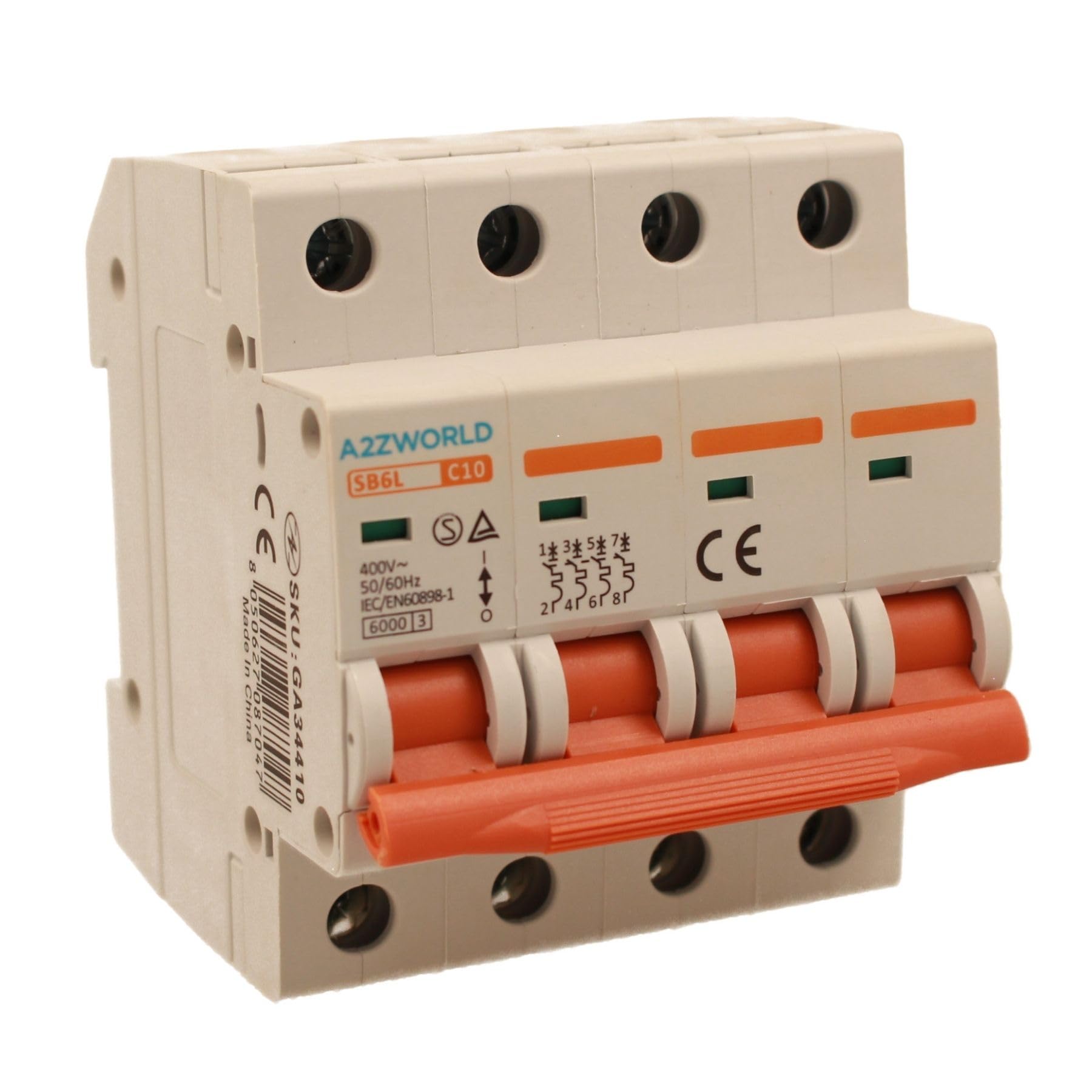  Trifasic Circuit Breaker MCB 380V 4P 10A C10, C Curve 6kA per 4 DIN Module
| Trifasic Circuit Breaker MCB 380V 4P 10A C