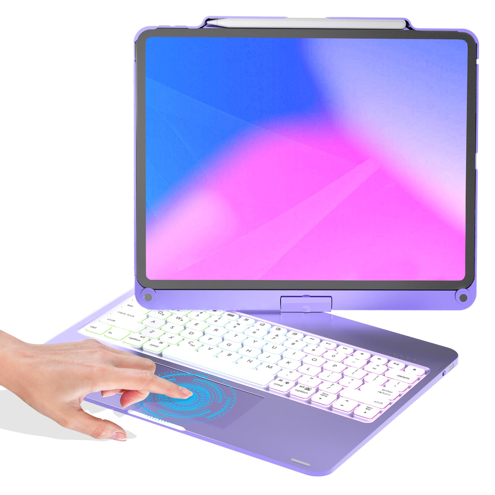 BABG iPad Pro 12.9 inch Case with Keyboard and Touchpad,Compatible with iPad Pro 12.9-inch 6th Gen 2022/5th Gen 2021/4th Gen 2020/3rd Gen 2018, Rainbow Backlits & Pencil Charging- (Metallic Purple)