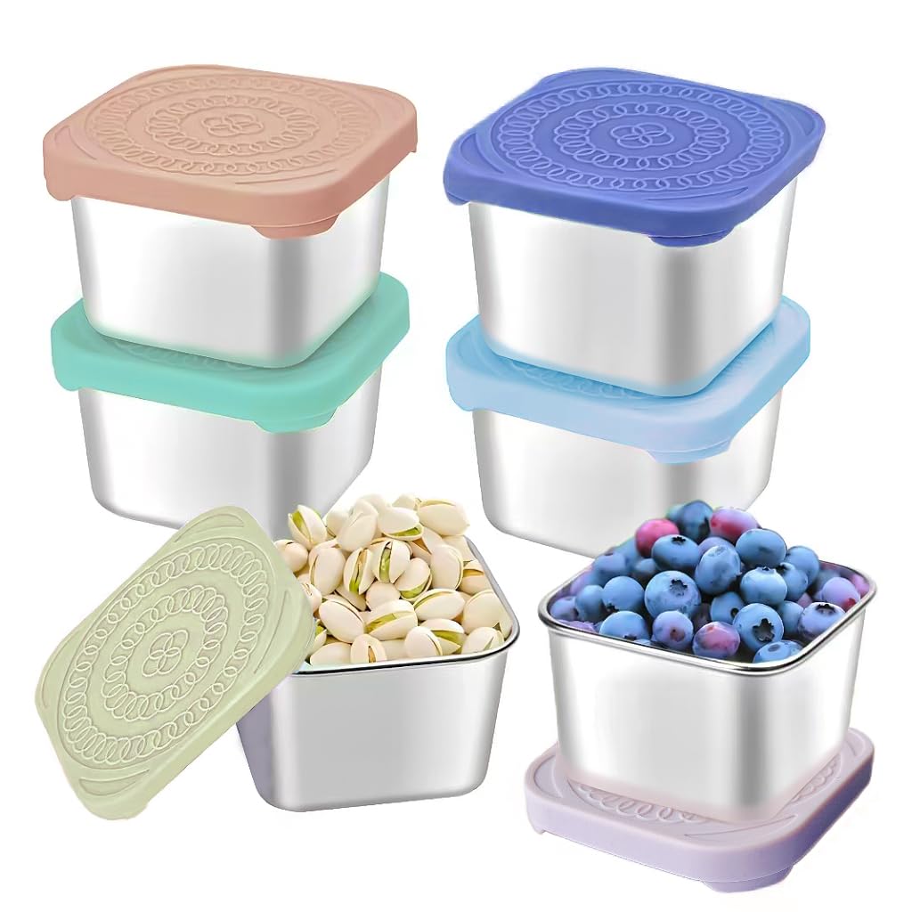 6Pack 6oz Stainless Steel Snack Containers for Kids Easy Open Leak Proof Metal Toddler Snack Containers with Silicone