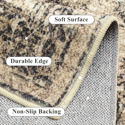 2x6 Runner Rug Washable Vintage Neutral Indoor Hallway Carpet Non Slip Brown Bedroom Low Pile Kitchen Distressed Long Retro Accent Throw Rug for Bathroom Dining Laundry Living Room