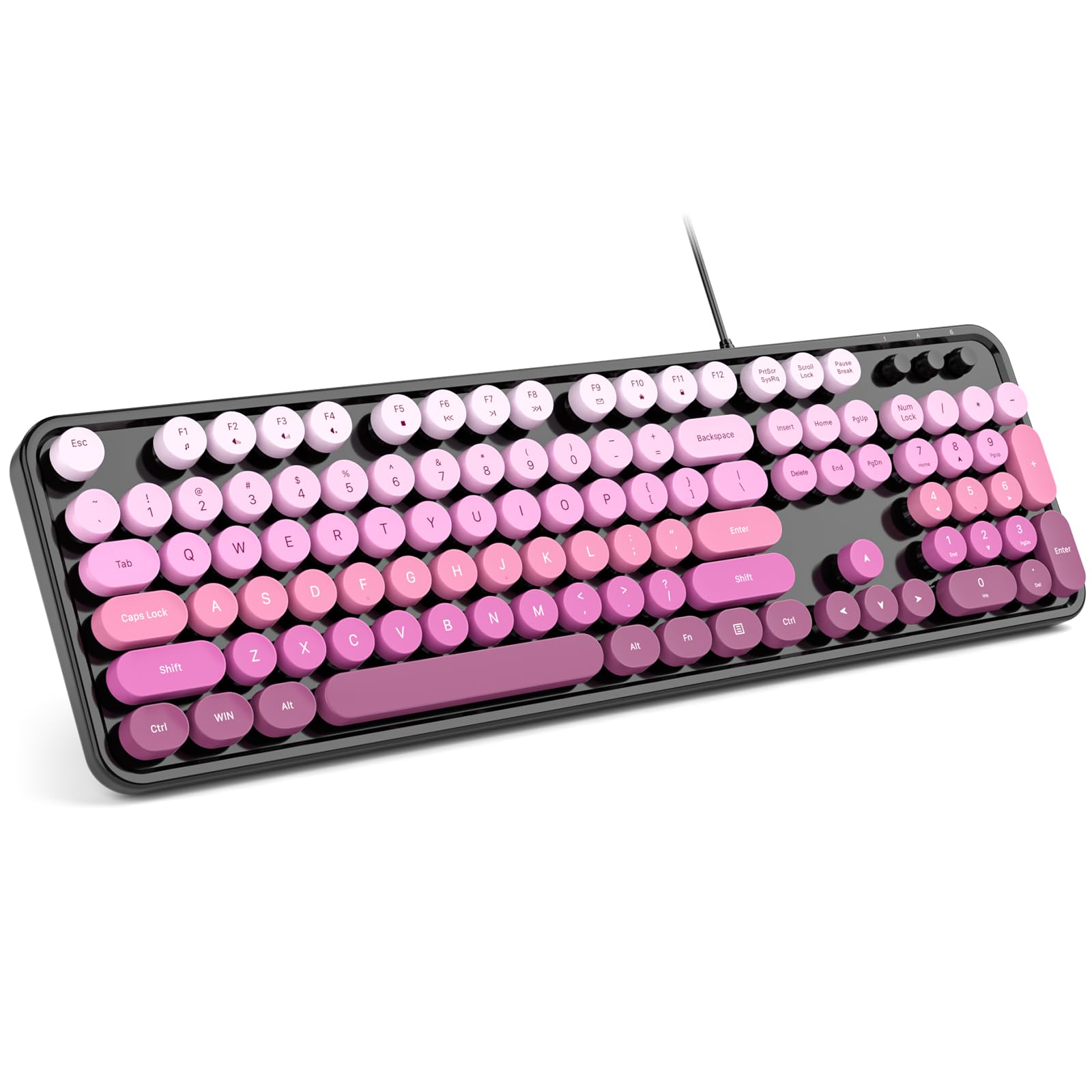 MOWUX Computer Keyboard Wired, Plug and Play USB Retro Round Typewriter Keyboard, Full Size Wired Keyboard with Foldable Stands for Laptop and Office PC- Black Pink Gradient