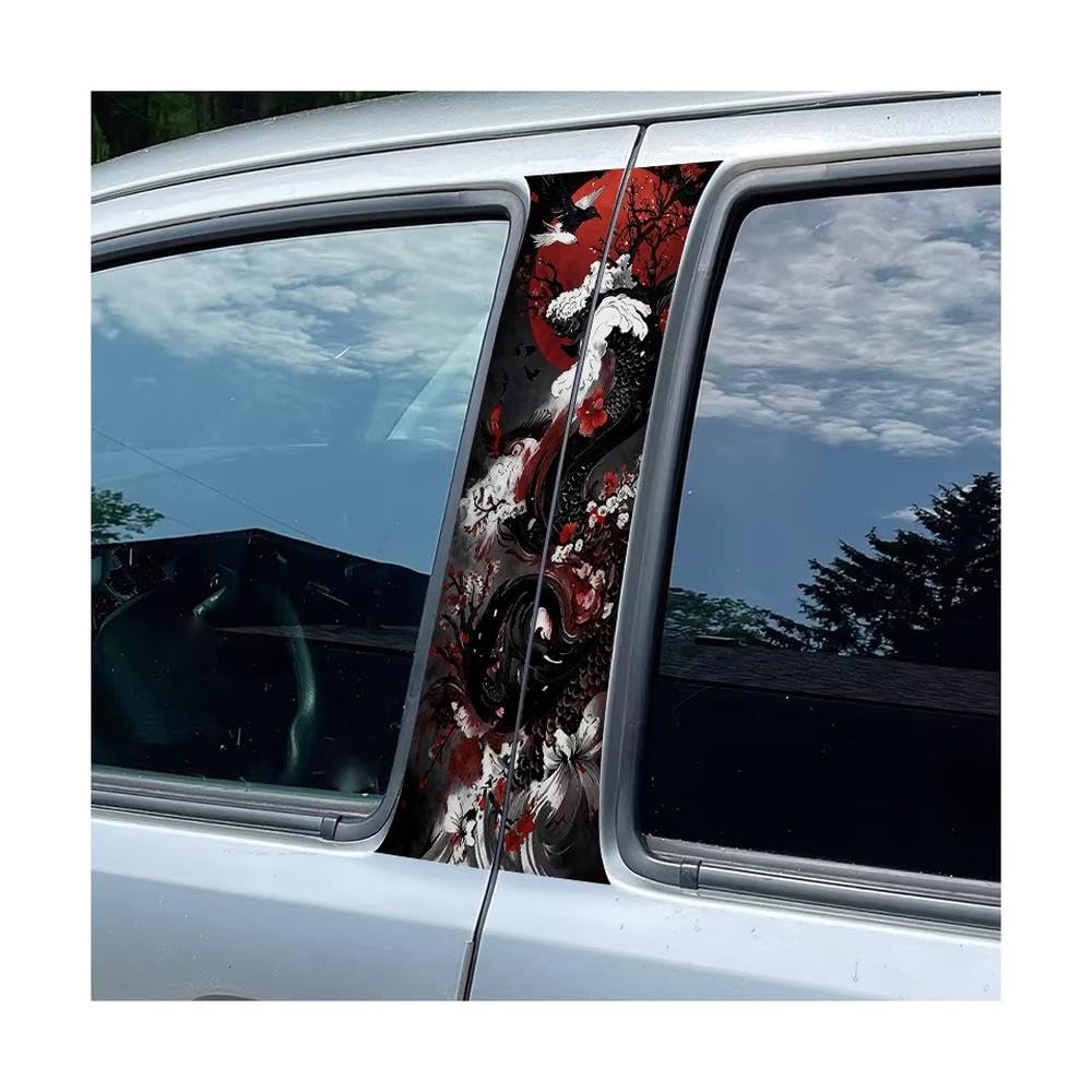 Bertdcx One Color Car Pillar Decals Waterproof Stickers Black Koi With Flowers Glossy Material Protective Film Auto Parts