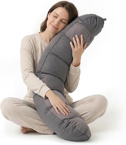 Miniatura 34 de Peallow(Pat. Pend) - Almohada larga redonda para adultos, almohada de apoyo suave y de apoyo para dormir y soporte lumbar (gris-blanco, 47 pulgadas)