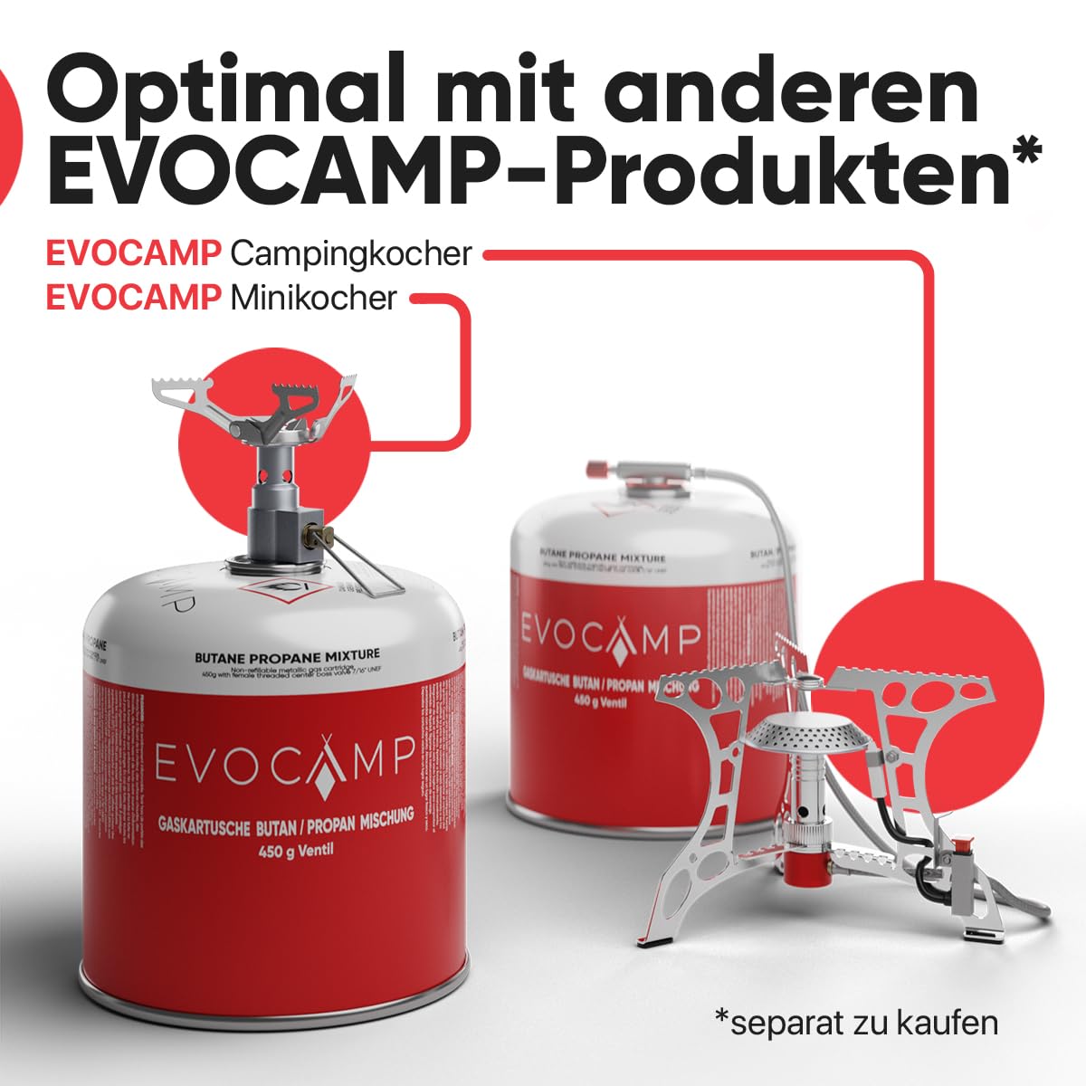 EVOCAMP 4x Propan Butan Gaskartuschen 450g einsetzbar für Weber Grills Q100/1000-Serien, Schraubkartusche Eurogewinde 7/16", Ventilkartusche 809ml mit Sicherheits-Verschlussautomatik