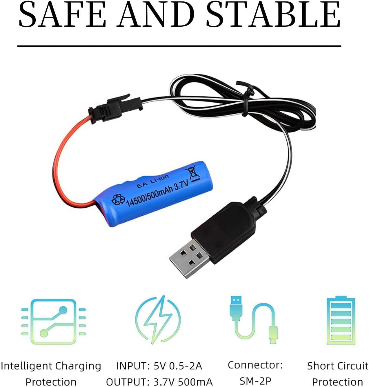3.7V Lithium-ion Battery Charger USB with SM-2P Plug for Remote Control Toys, Vehicles, Rechargeable Rocket Launchers, Rocket Blowers, and Bubble Guns, Bundling Bubble Guns, Stunt Trucks, [2-Pack]