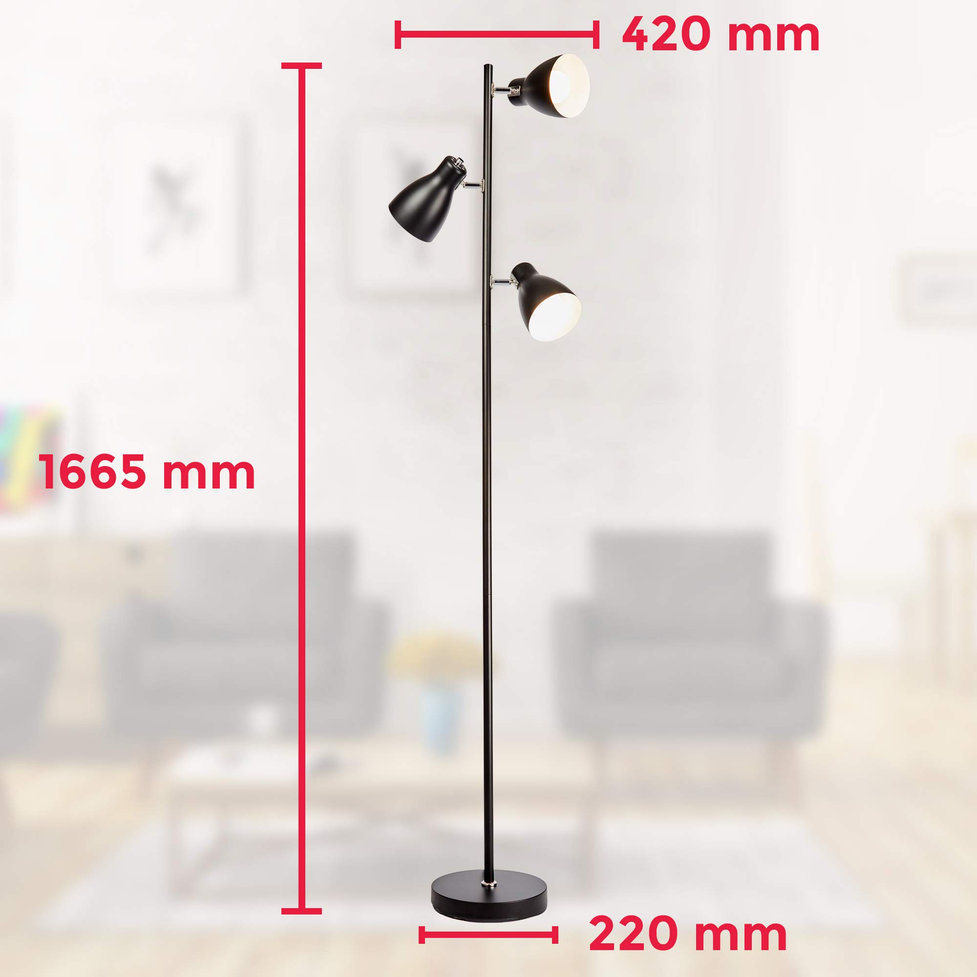 B.K.Licht Lámpara de pie diseño I 3 luces I Negro I Bombilla E27 máx. 25 W (excl.) I Altura 1665mm I Métalica I Para salón, dormitorio y estudio