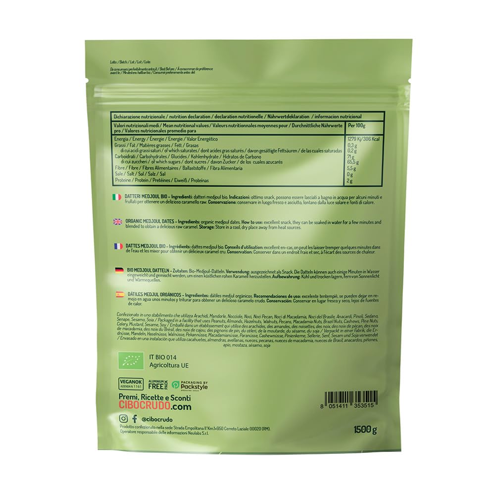 Dattes Medjool Bio - Qualité Premium - 1.5Kg. Dattes Bio Fraiches Géantes Naturelles Séchées Riches en Fibres avec Graines.