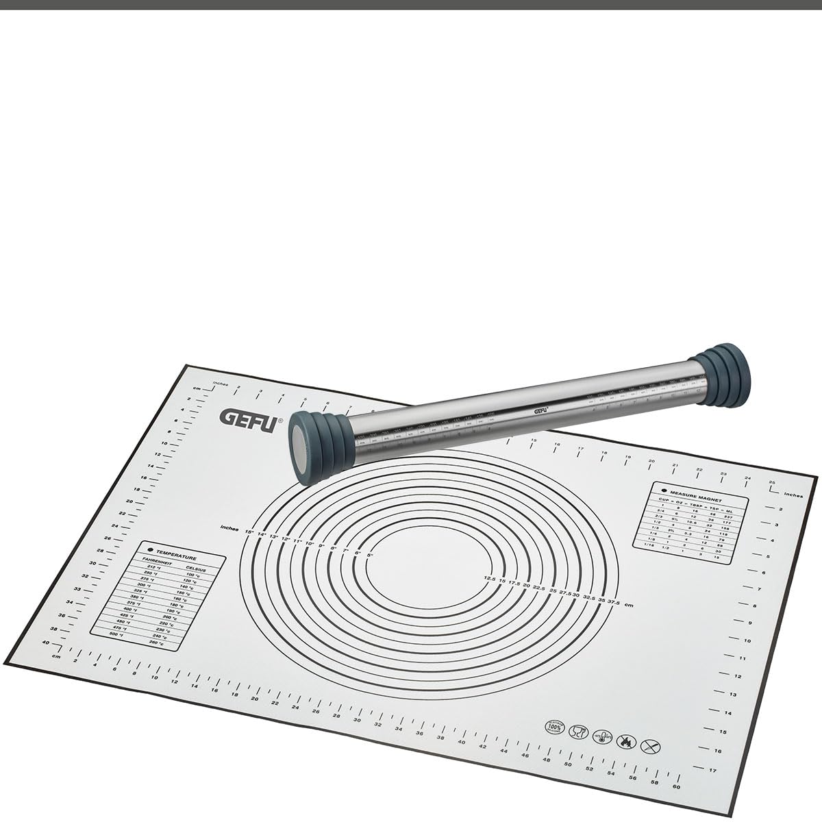 GEFU 2er Set Nudelholz REGO & Silikon Backmatte PAD - Edelstahl Teigroller | Einstellbare Dicke 0-10 mm, Antihaft-Silikonunterlage mit Skala, ideal für Pizza, Pasta und Kuchen, spülmaschinengeeignet