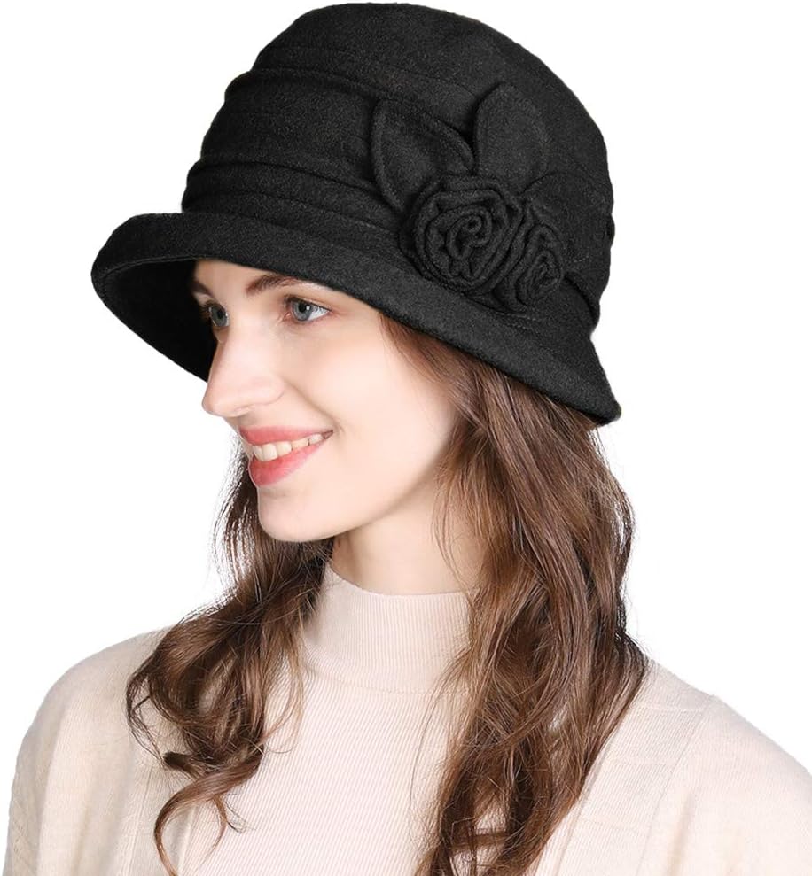 Comhats Cloche Round Hat for Women 1920s Fedora Bucket Vintage Hat Flower Accent, 16076_black, M