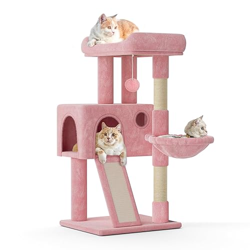 MoNiBloom 36 Inch Cat Tree Tower with Condo, Small Cat Tower with Scratching Post & Sisal-Covered Scratching Board, Climbing Tower with Hammock, for Indoor Cats, Soft Pink - Soft Pink