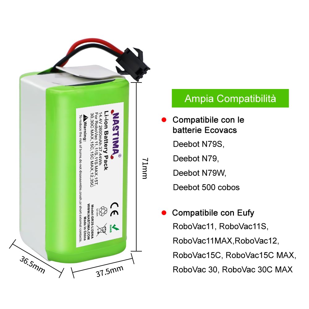 NASTIMA 14,4V 2600mAh Batteria di Ricambio per IKHOS Netbot S14 S15, Lefant T700/M201, Eufy RoboVac 11 11S 15C 15C MAX 15T 30 30C 30 MAX 35C, Ecovacs Deebot N79 N79S DN622 Conga 990 1090 1790 1990