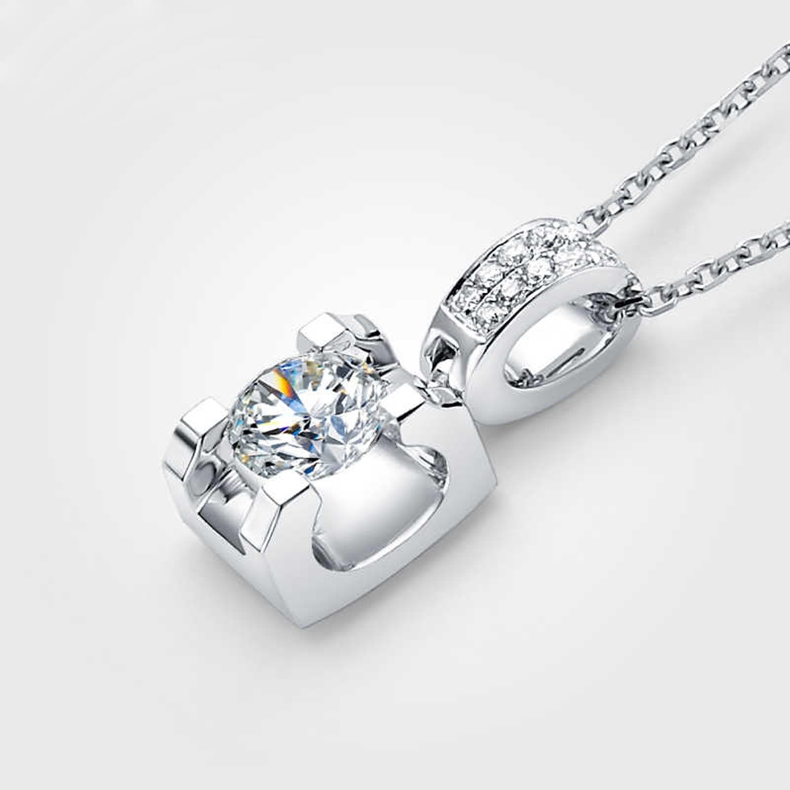 KnSam Joyas de oro real de 9 K/14 K/18 K, collar de mujer de oro blanco, cadena de diamante creada en laboratorio, colgante clásico de corte redondo, blanco, cadena para mujer Au 750/585/375