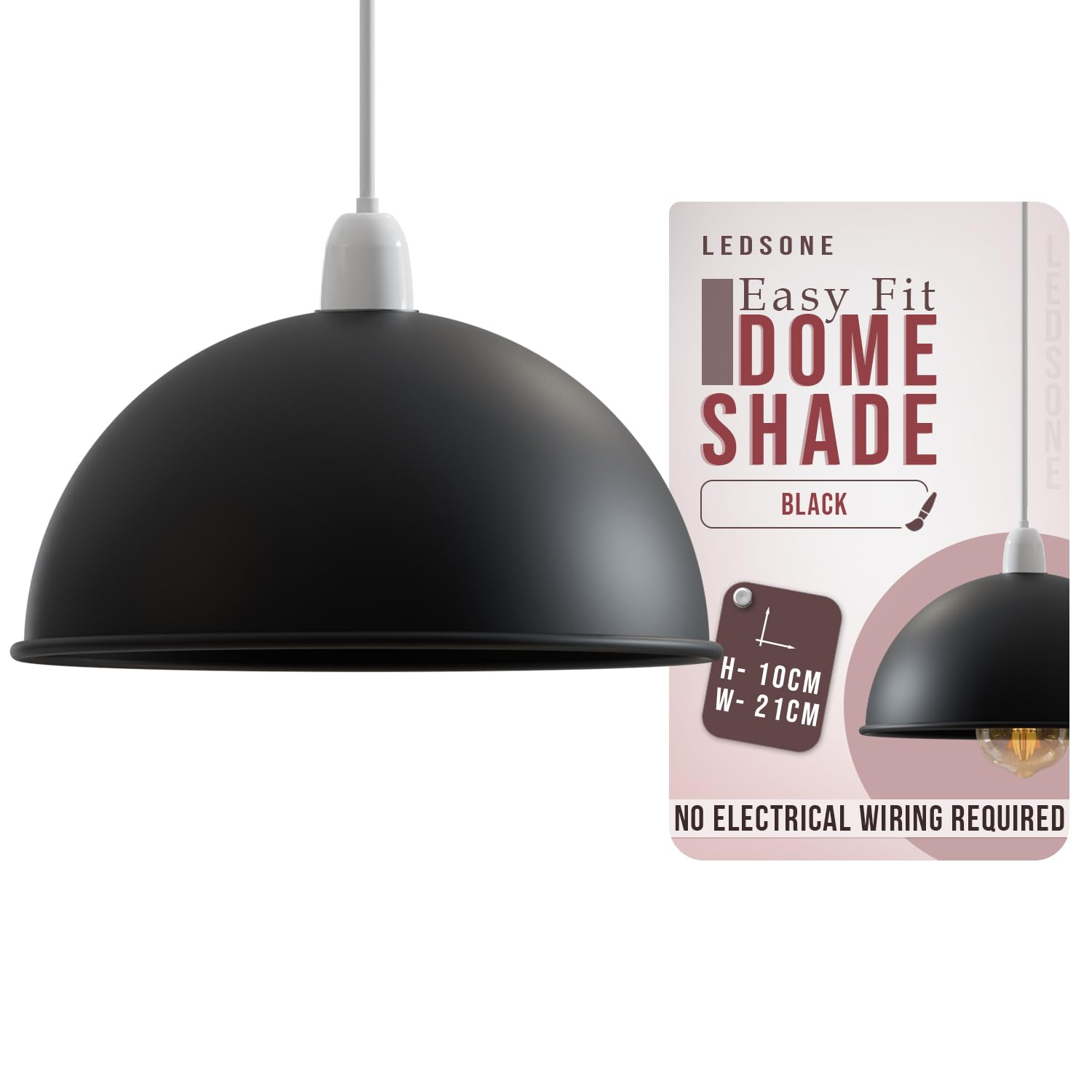 Ledsone Black Inner White Modern Dome Pendant Lamp Shade – 21Cm Industrial Metal Ceiling Light Shade Easy Fit Replacement For Kitchen, Bedroom, Living Room, Dining Room, Hallway, Restaurant