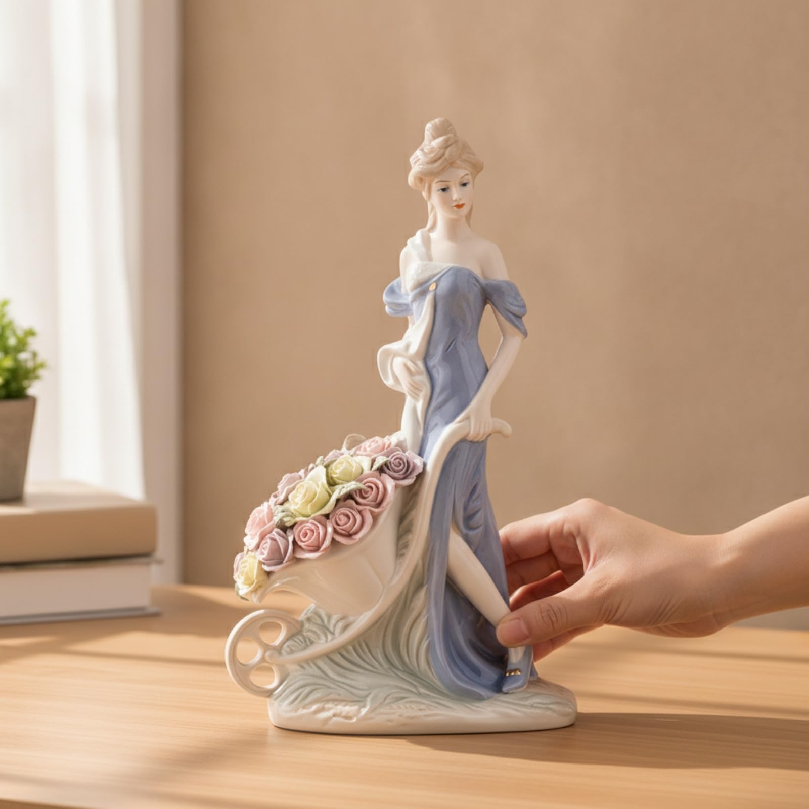 Gralara Figurine en Porcelaine Artinal | Finition Émaillée, Statute Femme Roses, Fait Main, Sculpture Femme, pr lon, Console D'entrée