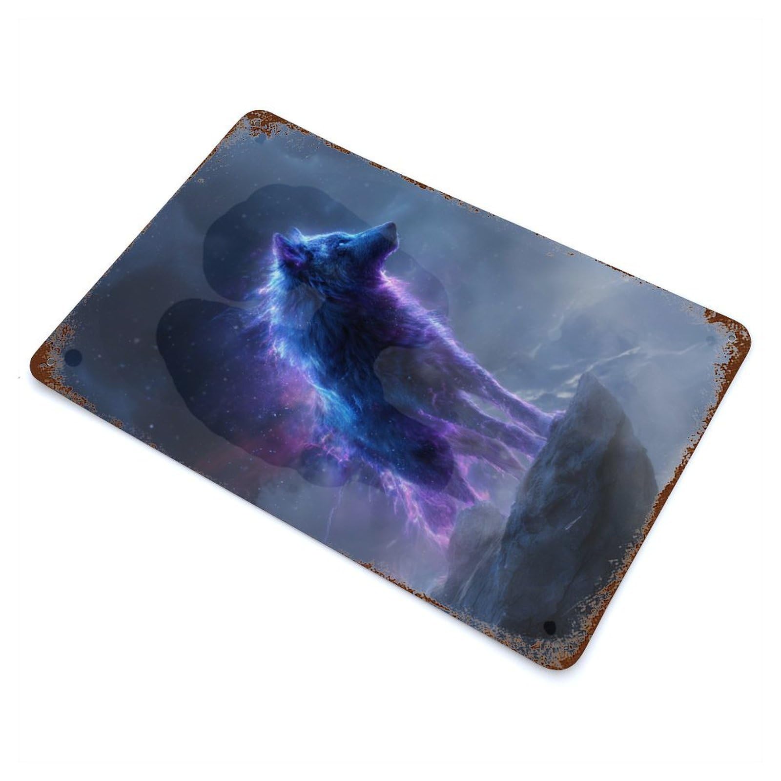 Celestial Wolf on Mountain Peak 11.8"x7.9" Rust Effect Tin Sign, Industrial Home Decor for Living Room, Hallway And Home Decor