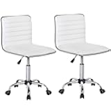 Adjustable Task Chair PU Leather Low Back Ribbed Armless Swivel Desk Chair Office Chair Wheels White, Set of 2