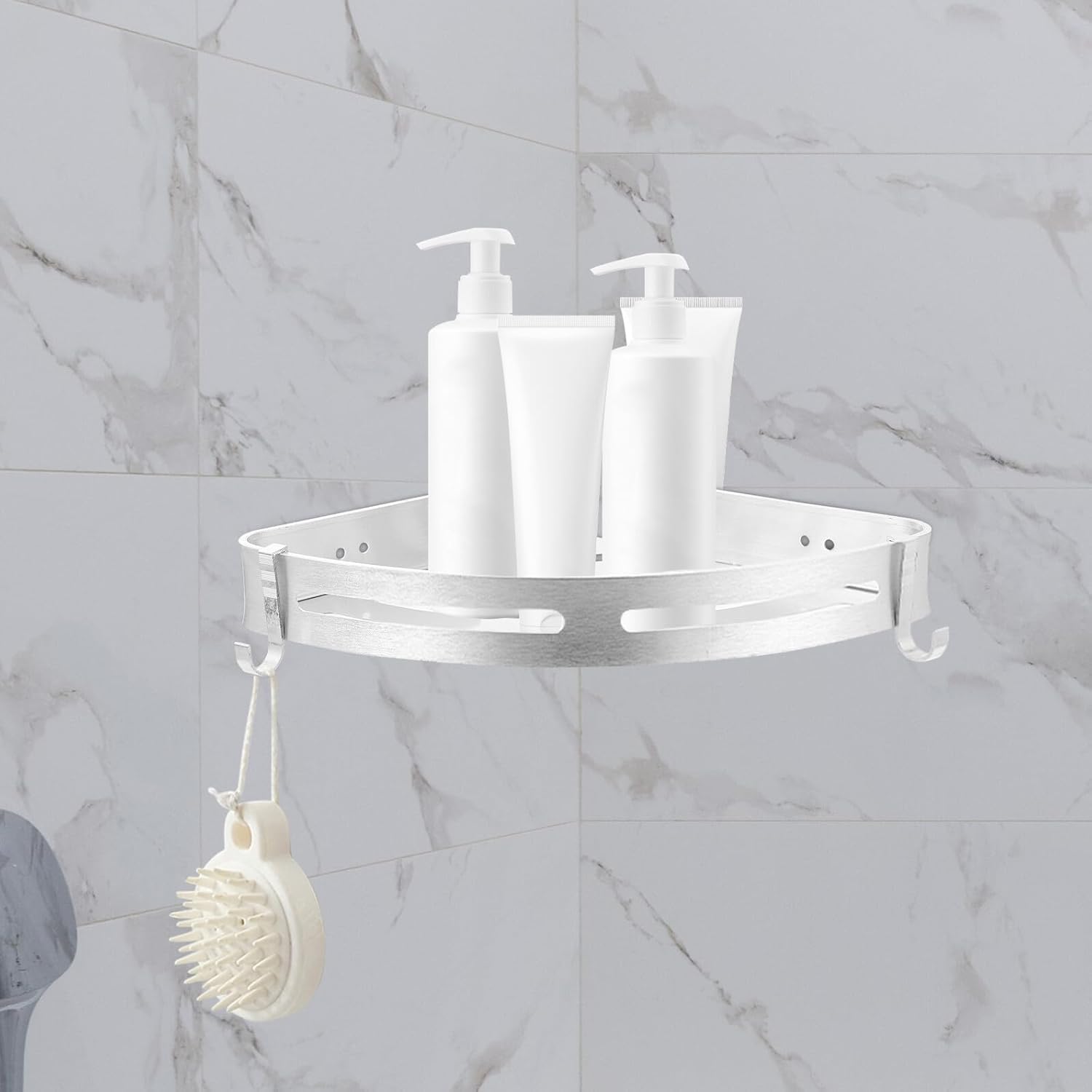 Aluminum Wall-Mounted Storage Rack Space-Saving Triangle Shelf with Silver Finish Bathroom and Kitchen Organizer for Shampoo Soap Towels Easy Installation