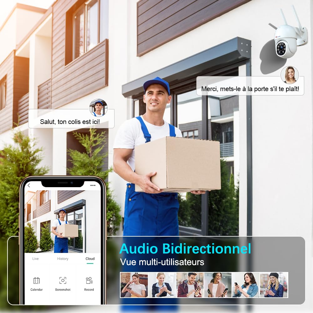 Ctronics Caméra Surveillance WiFi Extérieure 2K PTZ Caméra IP Vision Nocturne Couleur 30M Détection Humaine Suivi Automatique 355° 90° Audio Bidirectionnel IP66 Étanche Slot Carte TF(2 Pack) (Blanc) | Vision Nocturne Couleur 30M, Détection Humaine, Suivi