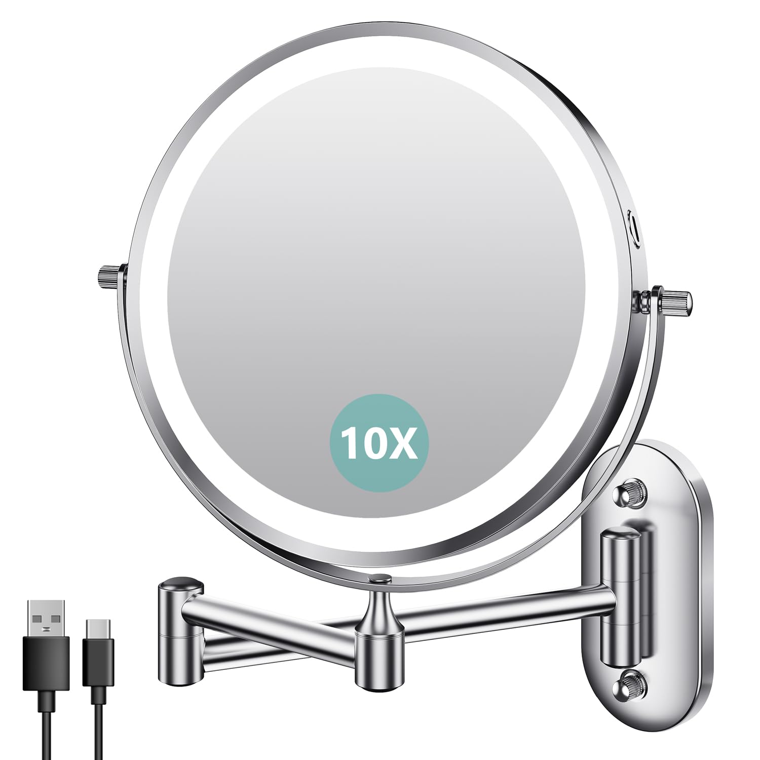 Auxmir Espejo Maquillaje con Luz Recargable, Aumento 1X/10X Doble Cara Giratorio 360, Espejo Baño Pared Extensible Táctil con USB, 3 Colores Brillo Regulable, para Hotel, Plata
