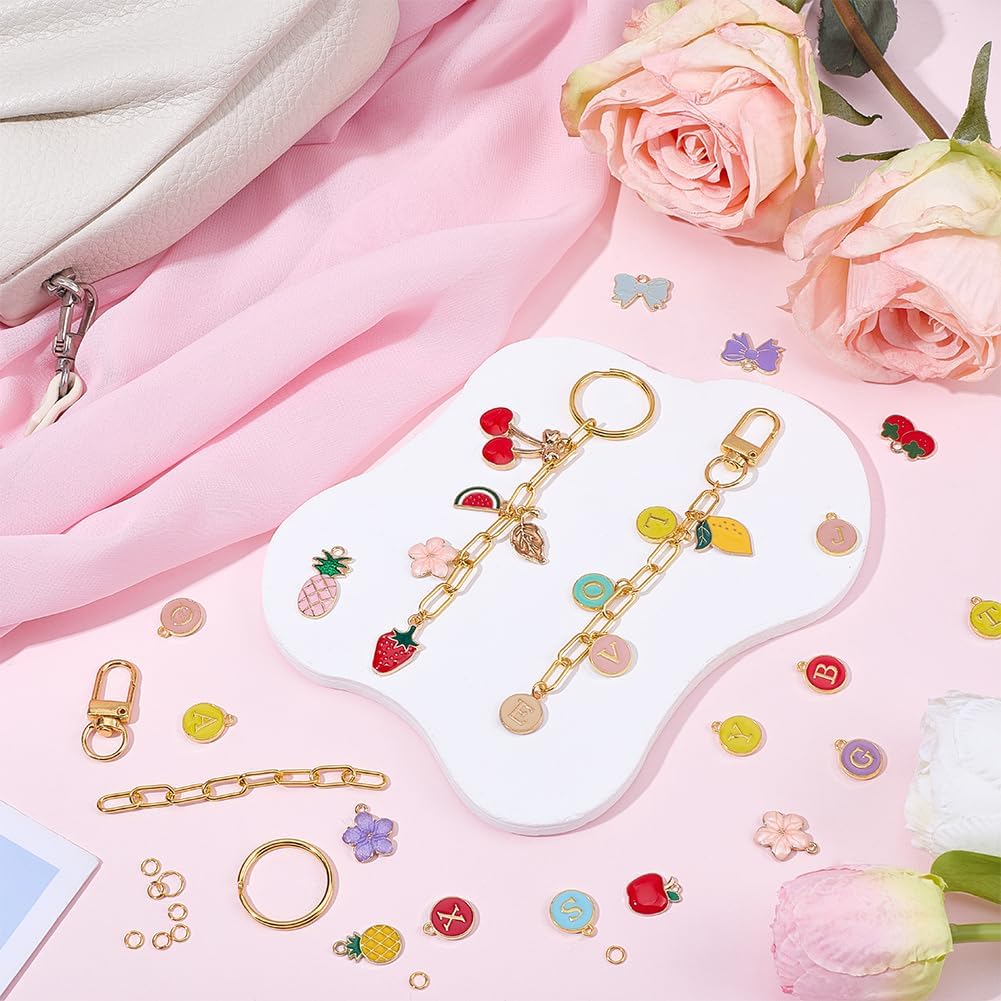 196Pcs Lip Gloss Keychain Making Kit DIY Key Chain Making Supplies Including 10 Extender Chain 66 Enamel Leaf Flower Bow Crown Fruit Letter Charms for Keychain Bag Phone Jewelry Making Kit - Image 7