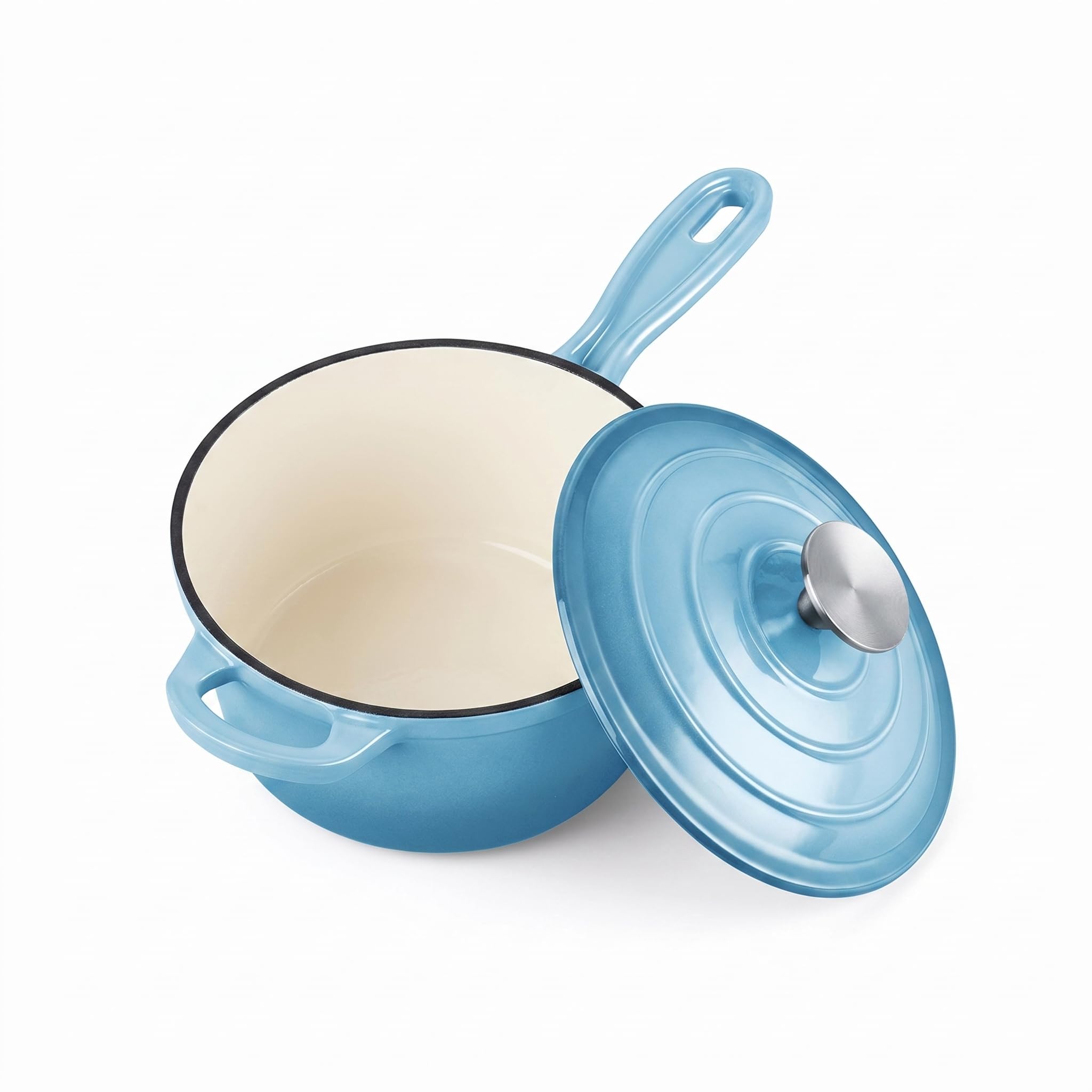Homikit Small Cast Iron Pot, 1 QT Enameled Cast Iron Sauce Pan with Lid, Heavy Duty Enamel Dutch Oven Kitchen Cookware for Making Pasta, Boiling Soup, Warming Milk, Nonstick &amp; Oven Safe, Sky Blue
