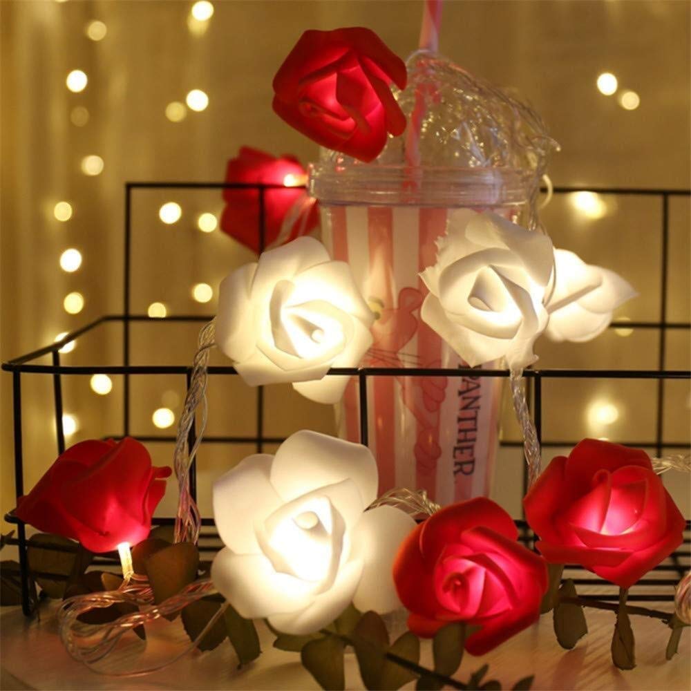 ICDOT20 LED Pink-White Rose Flower Indoor Fairy Lights Battery Operated 9.84 ft String Lights Ideal Wedding, Valentine's Day Party Bedroom Living Room Decor (Color : Red-white)