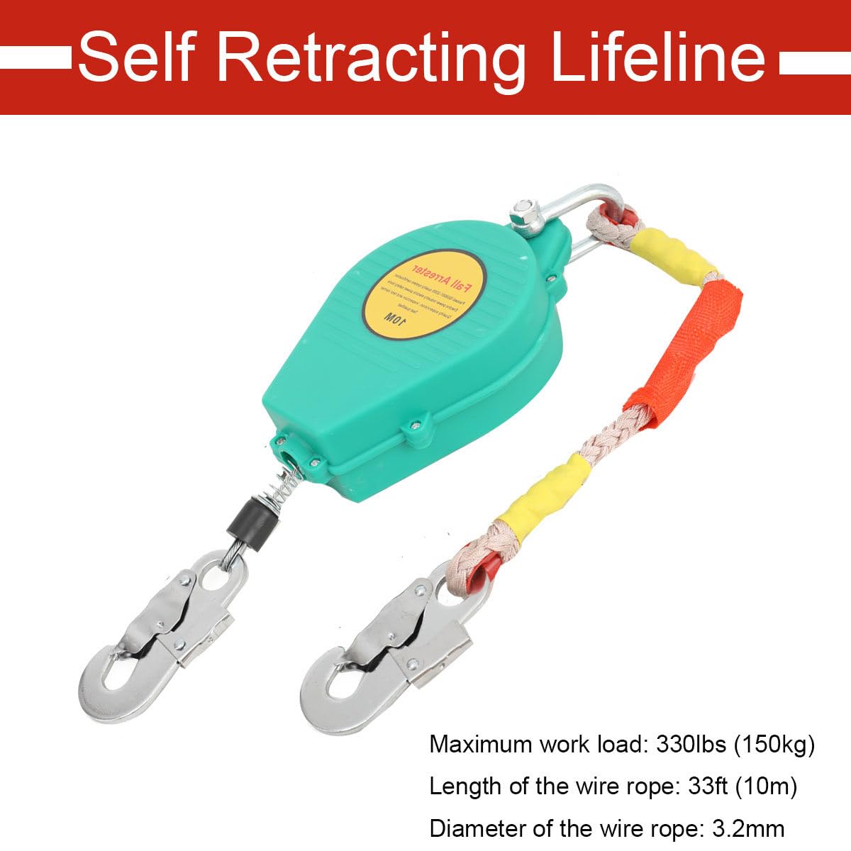 Lfhelper Self Retracting Lifeline 330lbs (150kg) Fall Arrester Fall Protection Safety Harness Kits with Alloy Steel Hook Steel Wire Rope 33ft (10m) Self-locking Differential Fall Preventer