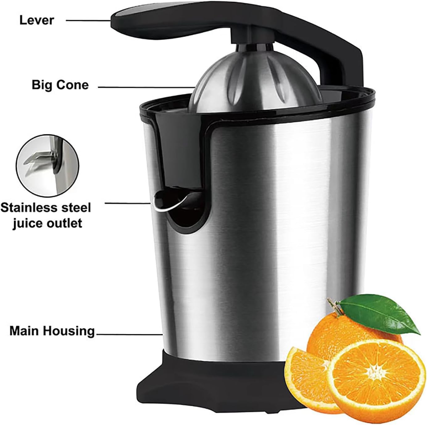 Exprimidor de Naranja Electrico 350W, Exprimidor de Zumo con Mango para Presionar, Extractor Jugo Limon con Palanca Easy Press, Exprime los Citricos Con Brazo de Prensar, Cuerpo Acero, Deposito 400ml