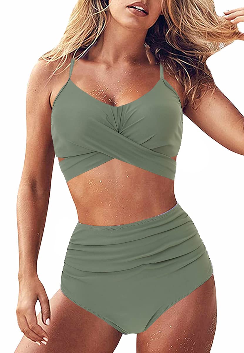 JFAN Bikini para Mujer Push Up Brasileños Bañador de Fruncido Traje de Baño de Cintura Alta Atar en la Espalda