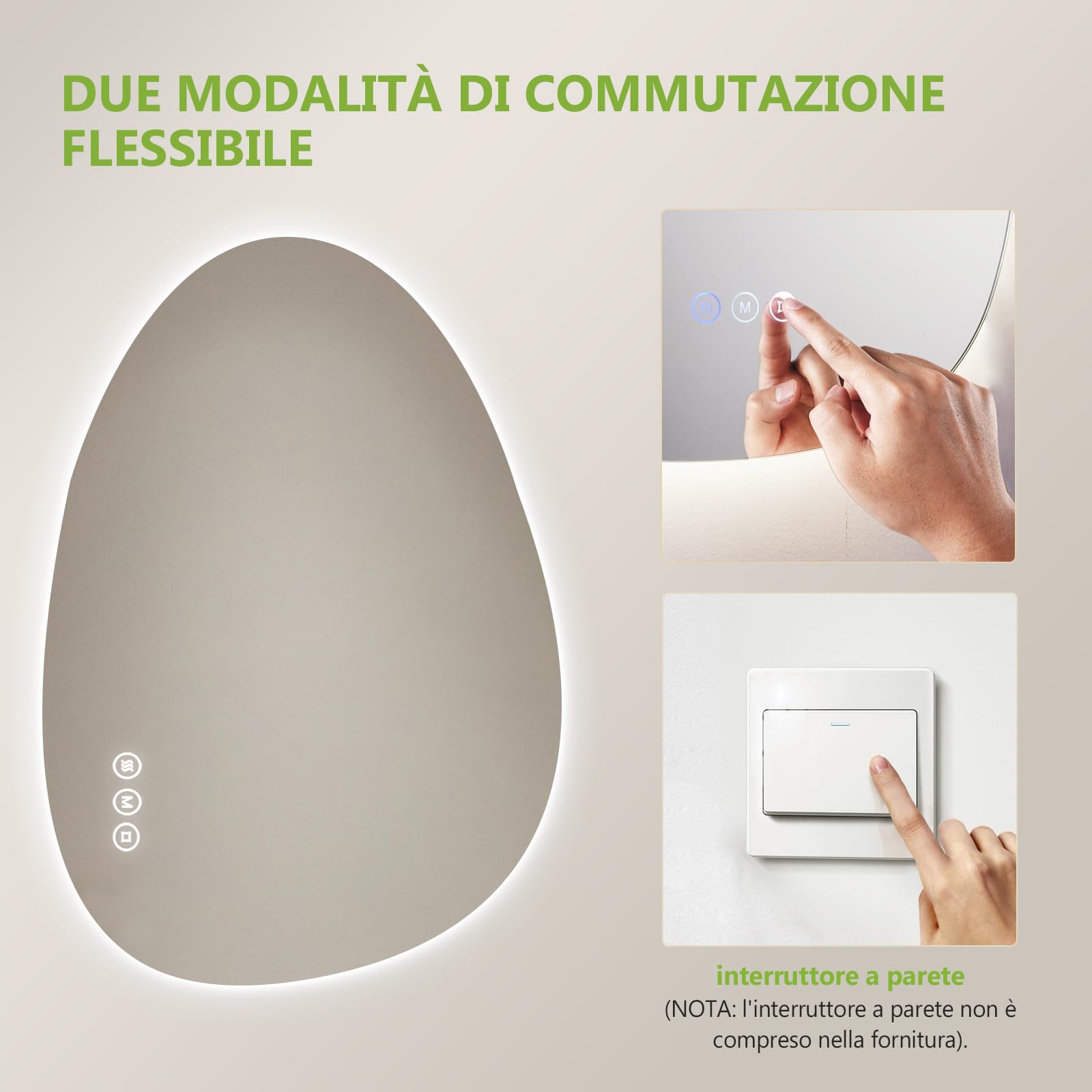 S'AFIELINA Specchio con illuminazione, asimmetrico LED da bagno, 75x55 cm, con interruttore touch, dimmerabile, 3 colori di luce regolabili, senza appannamento, specchio da bagno con illuminazione