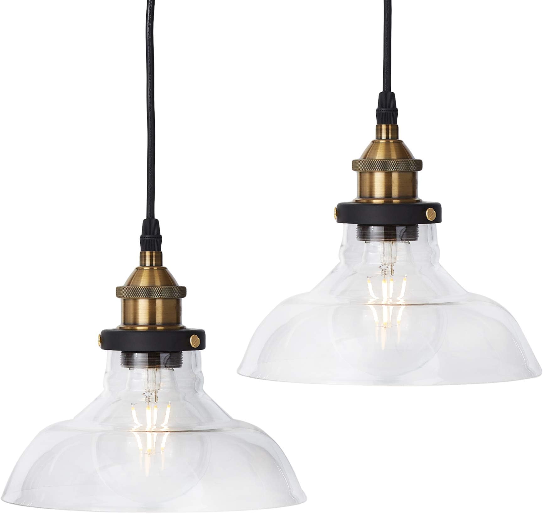2 HangingPendant Ceiling Light Fixture and Glass Lamp Shade โ Rustic Double Pack Chandelier Aluminum Light Bulb for Bedroom and Kitchen (Bronze)