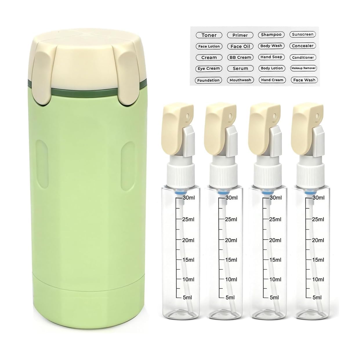 travel toiletry bottle kit with 4 x 30 ml refillable spray bottles, portable travel container case, leakproof cosmetic dispenser for shampoo, lotion, liquid accessories for travel