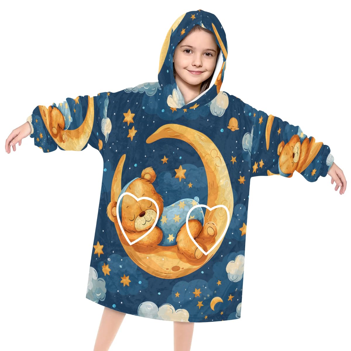 Pardick Wearable Blanket Hoodie for Kids, Moon Bears Fleece Sweatshirt Blanket Oversized Blanket Sweatshirt with Pocket Flannel Warm Hooded Blanket 6-10 Year Old Girl Boy Gift, One Size