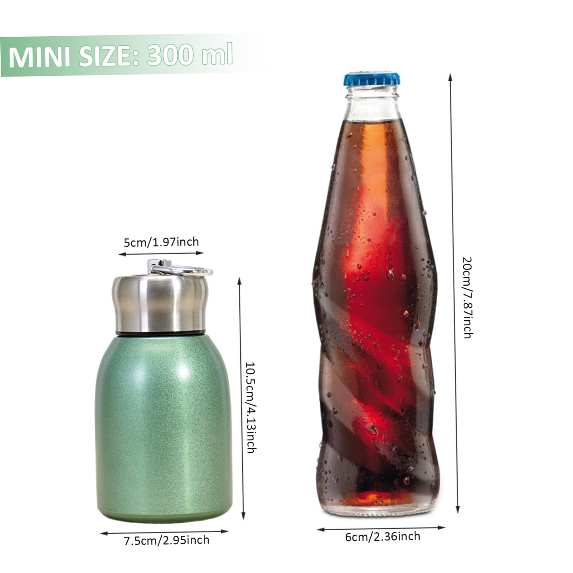 Butelka na wodę ze stali nierdzewnej 300 ml, szczelna, izolowana próżniowo, mini butelka z haczykiem, przenośny kubek termiczny do użytku wewnątrz i na zewnątrz, zielona butelka podróżna