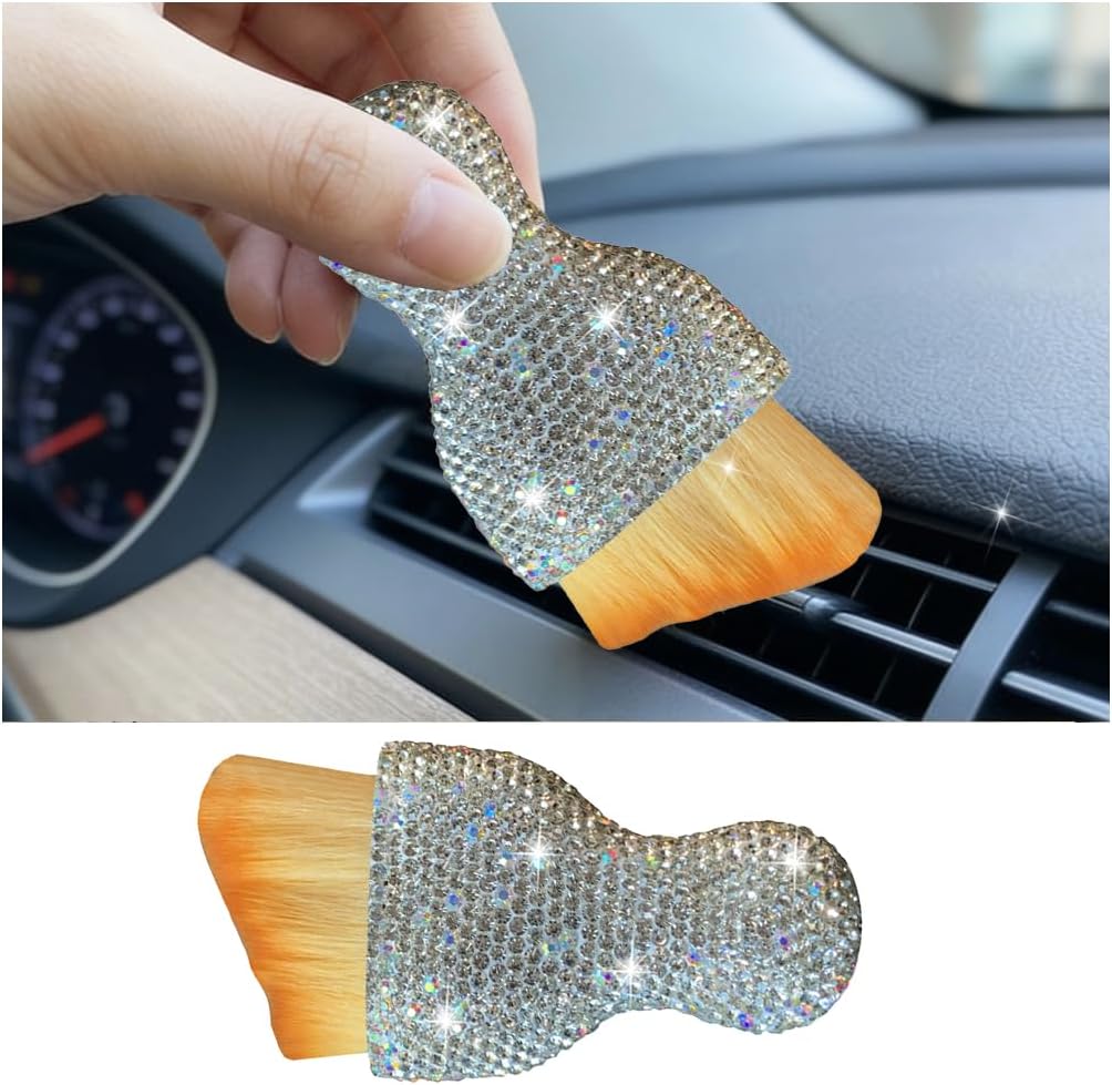 Bling Car Detailing Brush, Rhinestone Vehicle Air Vent Dashboard Cleaning Dust Brush with Handle, Non-Scratch Diamond Auto Soft Bristles Dusting Tool, Universal Fit (White)