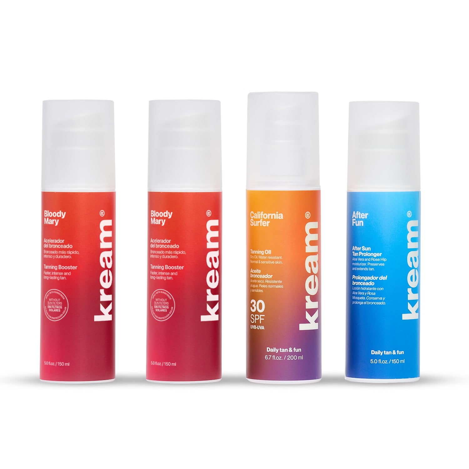 KREAM Tan Lovers Pack - 2 Aceleradores del Bronceado + Aceite Solar Bronceador SPF30 California Surfer + After Sun Hidratante | Set Completo para un Bronceado Duradero