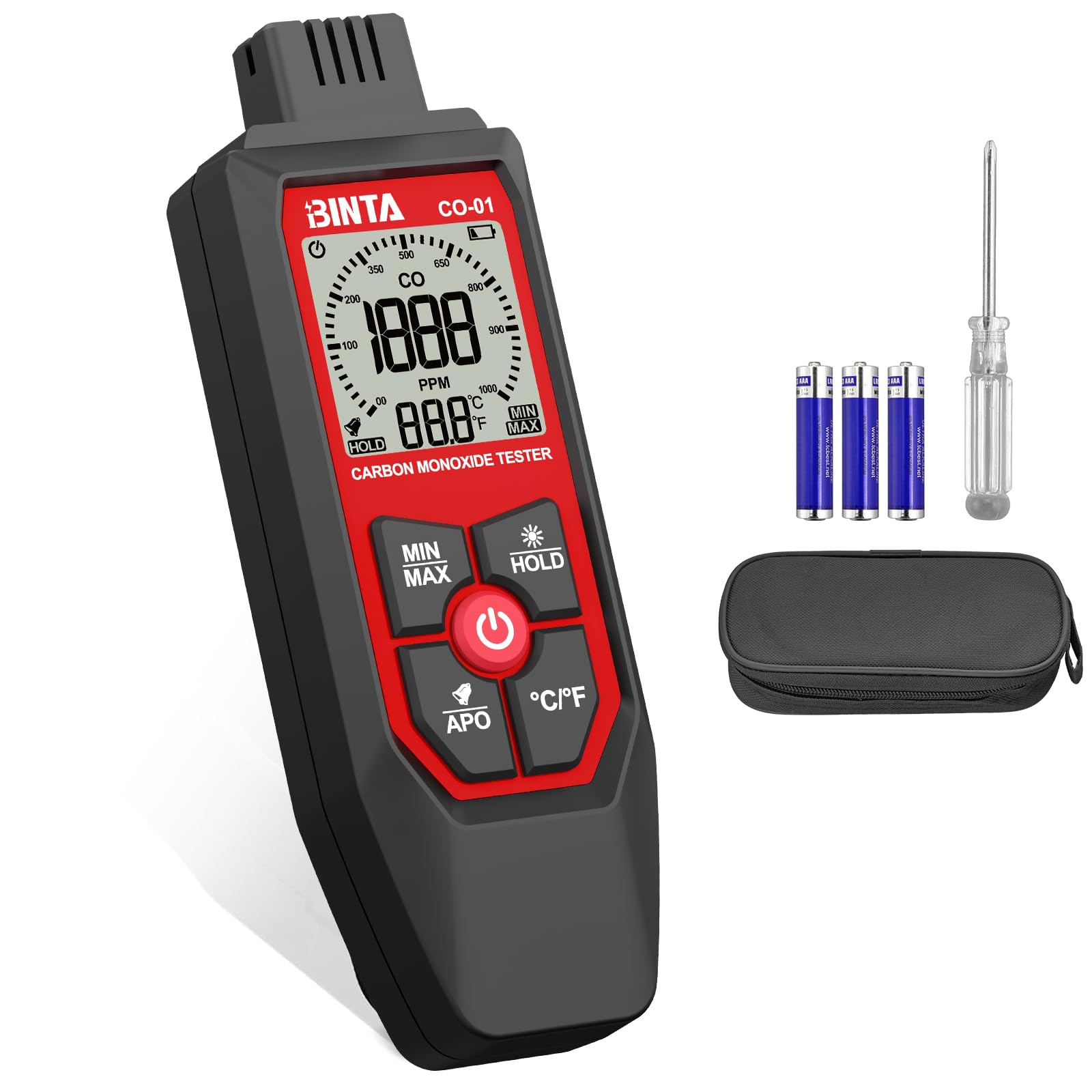BINTA Détecteur CO Portable (0-1000 PPM), Testeur De Monoxyde De Carbone avec Alarme Sonore Et Visuelle, Écran LCD Rétroéclairé, Capteur De Température, pour Maison, Garage, Voiture, Camping