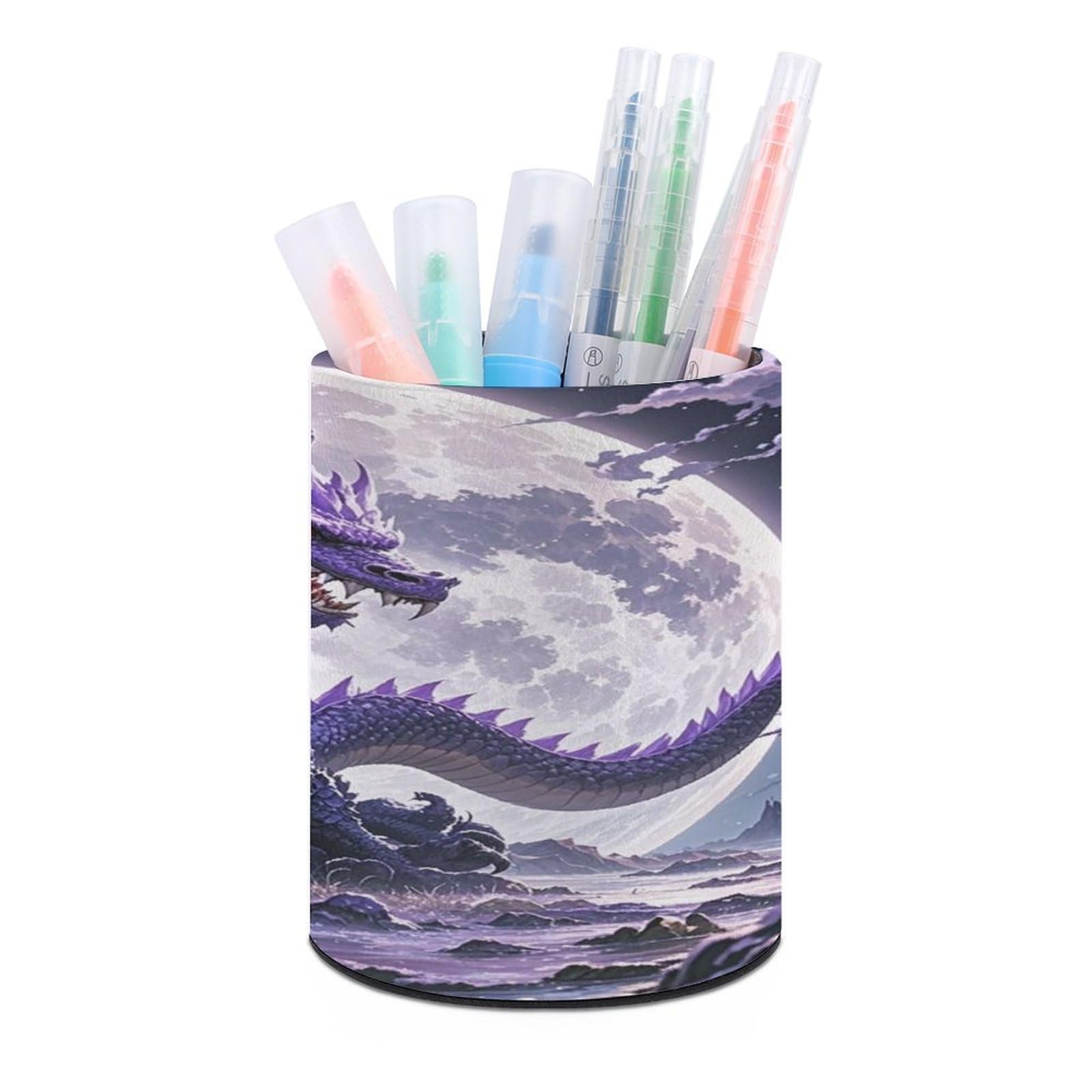 VstaDank Purple Dragon Purple Moon Pen Holder PU Leather Pencil Cup Minimalist Desk Pencil Holder Round Make Up Brush Organizers For Office Dorm Room&Vanity Desk Accessories