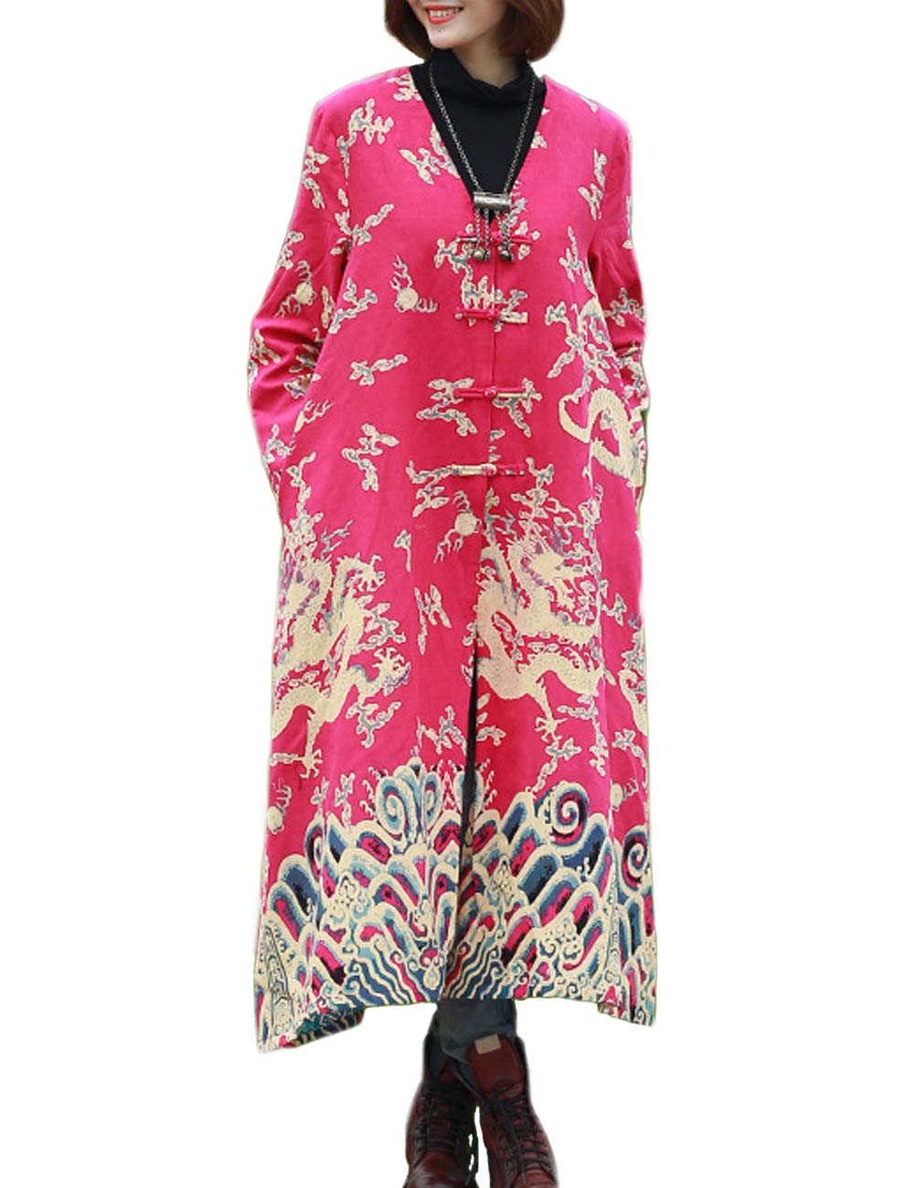 LUZU JUNU Women's Double Layer Cotton and Linen Elegant Long Trench Coat Chinese Style Jacket with Dragon Print, Rose Red, One size