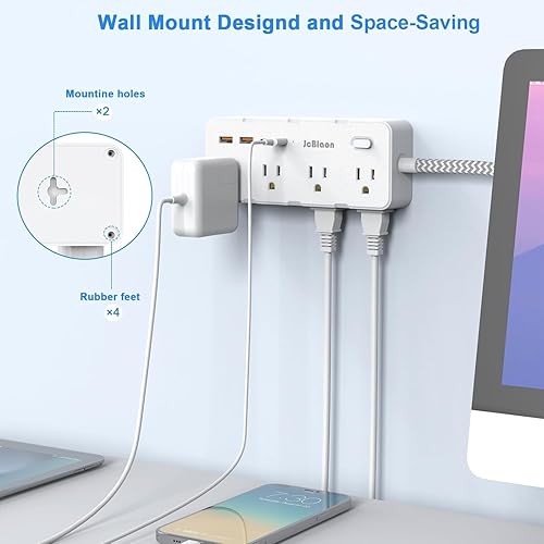 Miniatura 2 de Protector de sobretensiones de regleta  Adaptador de enchufe múltiple con 8 tomas amplias y 4 puertos USB (2 USB-C), cable de extensión de 5 pies de