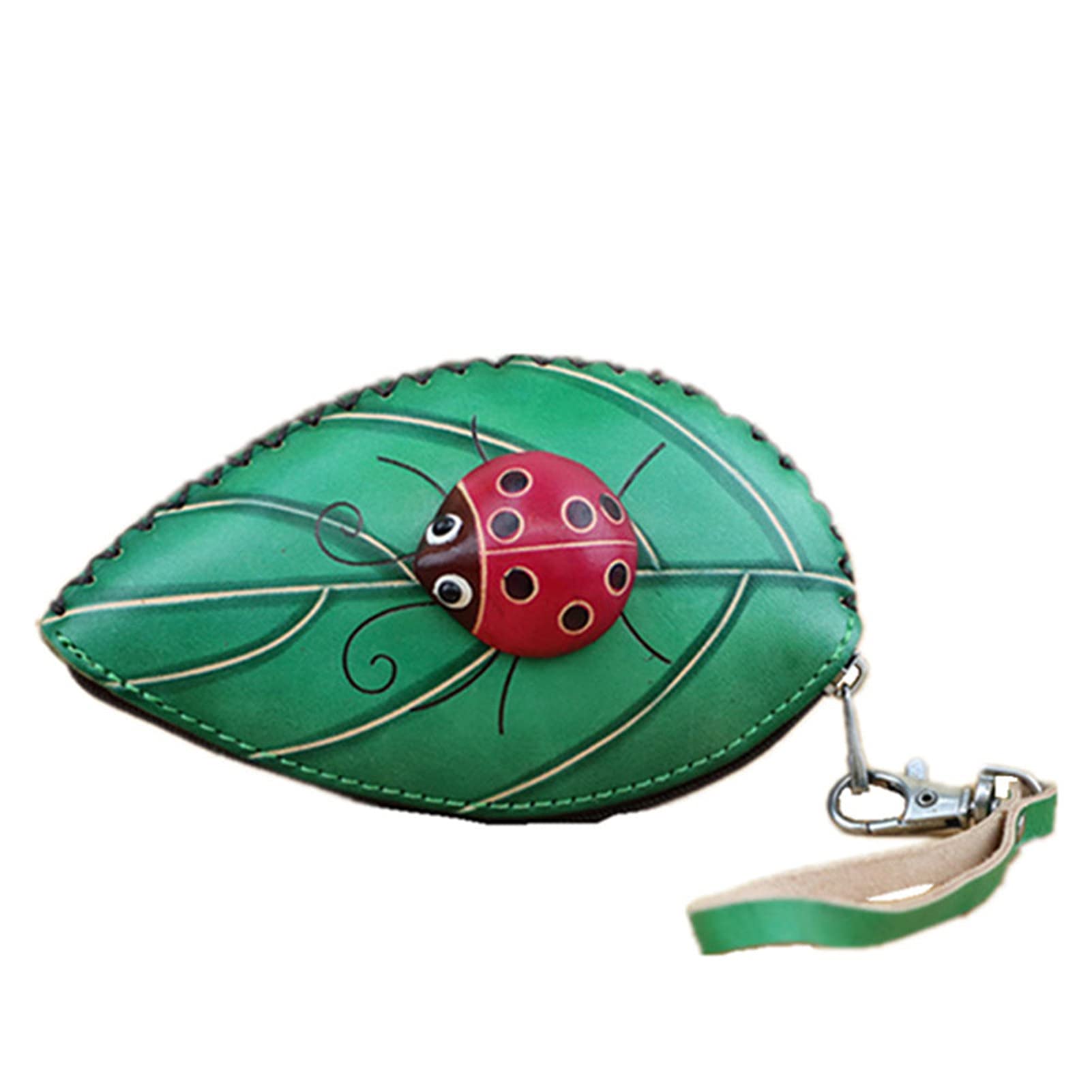 FanyixuanLadies Leaf Ladybug Leather Coin Purse Can Put Coin Clutch Bag Handmade Leather Creative Key Case, Green, small, Modern