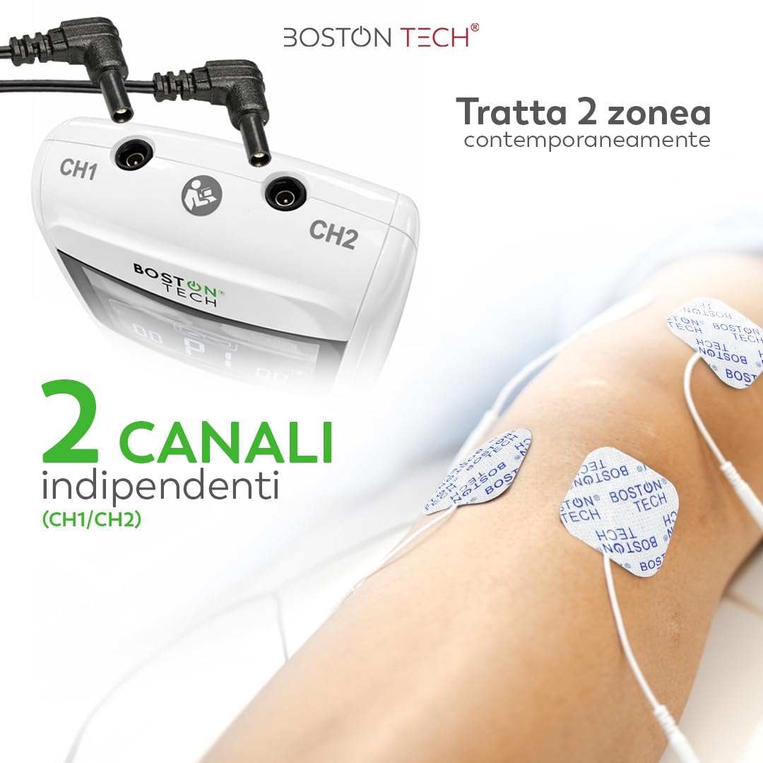 Stimolatore muscolare Boston Tech WE112 3 in 1 TENS/EMS | 36 programmi + intensità regolabile + 4 elettrodi | Sollievo dal dolore, riabilitazione e stimolazione muscolare | Batteria AAA inclusa