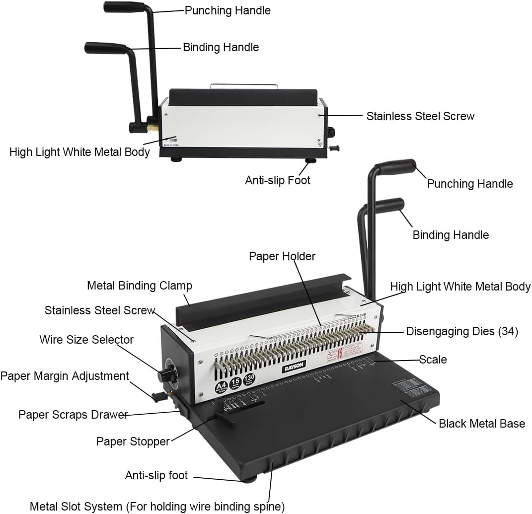 RAYSON TD-1500B34R Wire Binding Machine, 3:1 Pitch, 34-Round Hole, 130-Sheet Wire Binding Capacity
