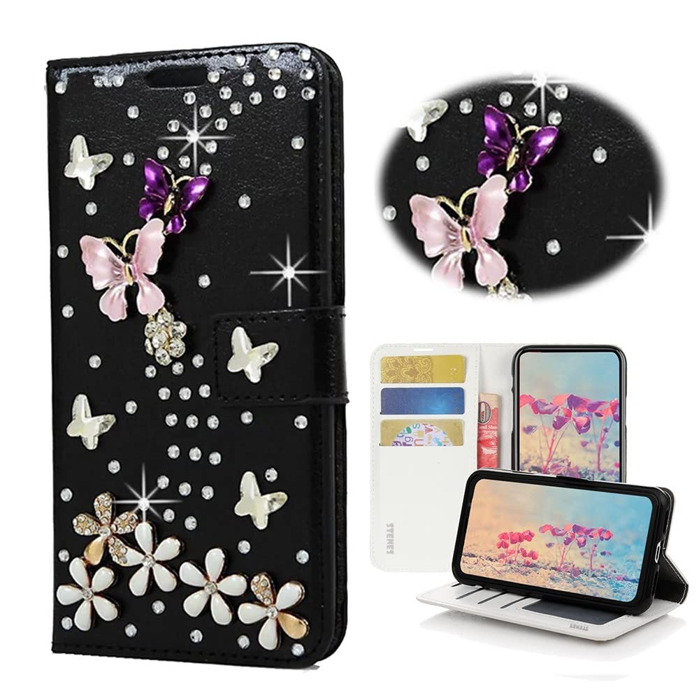 STENES Bling Wallet Phone Case Compatible with LG K22 6.2 inch 2020 Case - Stylish - 3D Handmade S-Link Butterfly Floral Design Magnetic Wallet Stand Leather Cover Case - Black