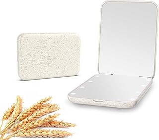 Kintion Wheat Straw Mirror, 1X/3X Magnification Pocket Mirror, Lighted Plastic Fiber Mirror, Folding Purse Mirror, Handheld Travel Mirror, Small Lighted Compact Mirror for Gift, Apricot