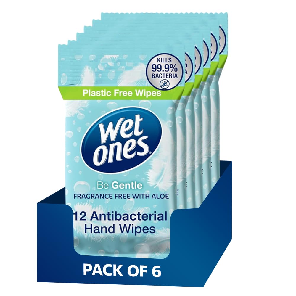 6 Pack Wet Ones Unscented Hand Wipes – 72 Wipes, Fragrance Free Biodegradable Wipes Gentle on Skin with Aloe, Plastic Free, Travel Size Hand Cleaning Wipes for Home, Office & Everyday Fresh Cleaning