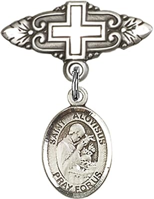 Sterling Silver Baby Badge with St. Aloysius Gonzaga Charm and Badge Pin with Cross 1 X 3/4 inches
