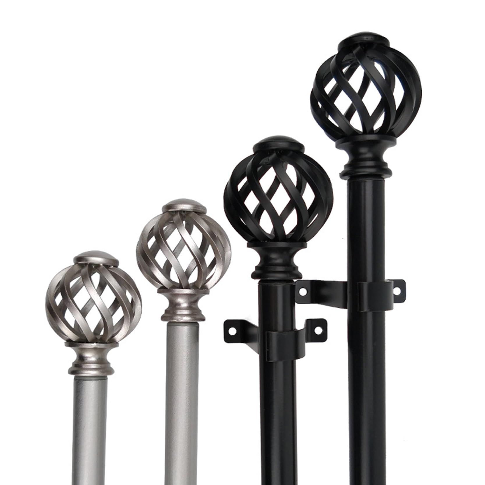 Robuste, Dekorative Einzel Fensterstange, Ausziehbare Gardinenstange, Gardinenstange 32-47 in, Vorhangstange mit Gedrehten Käfigendstücken mit Halterung, Gardinenstange(Color:silber)